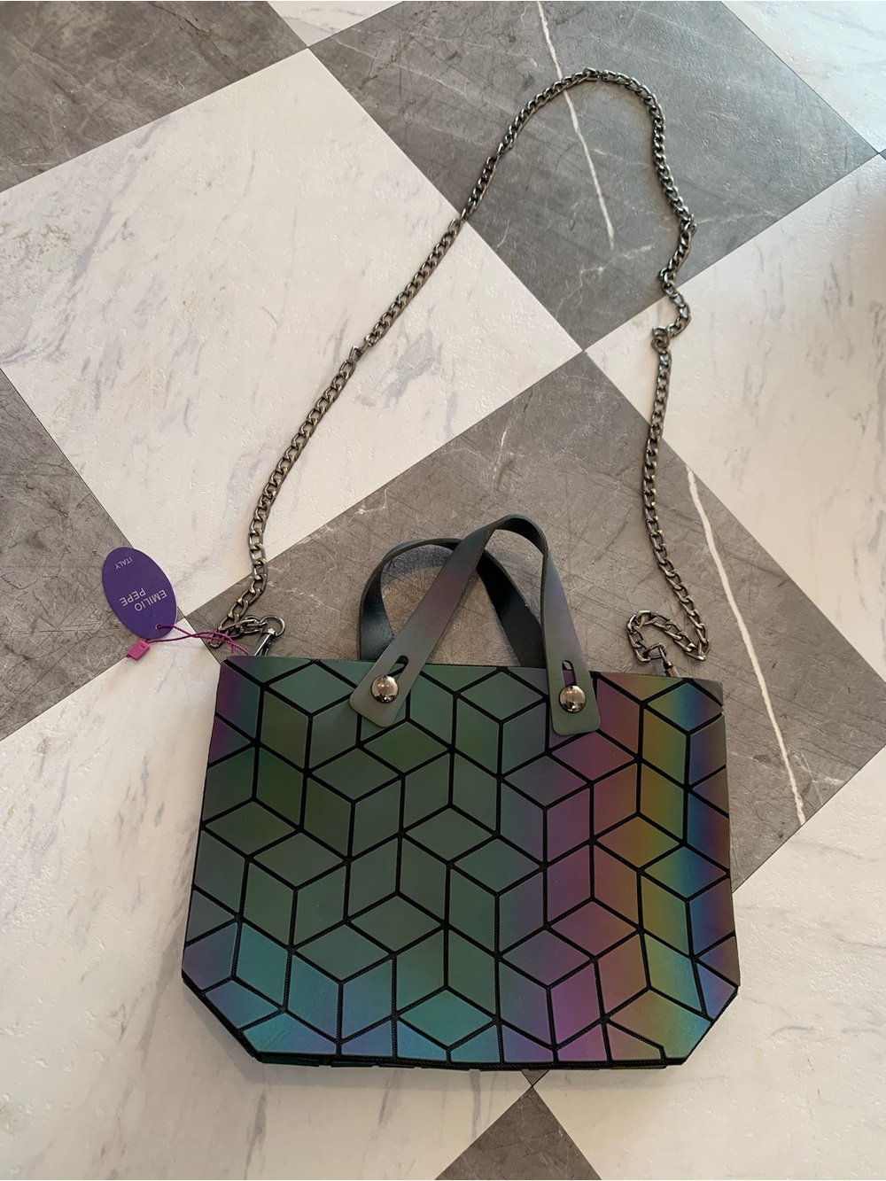 Iridescent Geometric Mini Tote Bag with Chain Strap - Black/Green/Purple